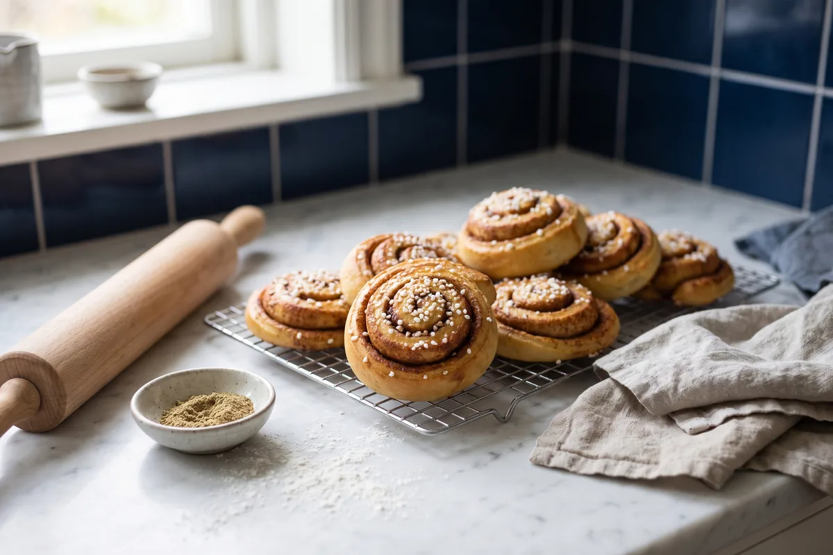 Freshly baked cinnamon buns on a cooling rack beside a rolling pin
