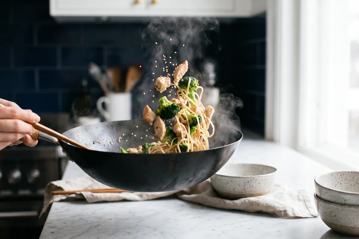 Vegetables and noodles being tossed in a wok