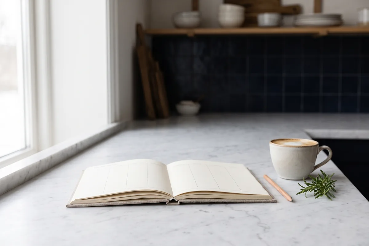 An open notebook and a pencil on a kitchen worktop