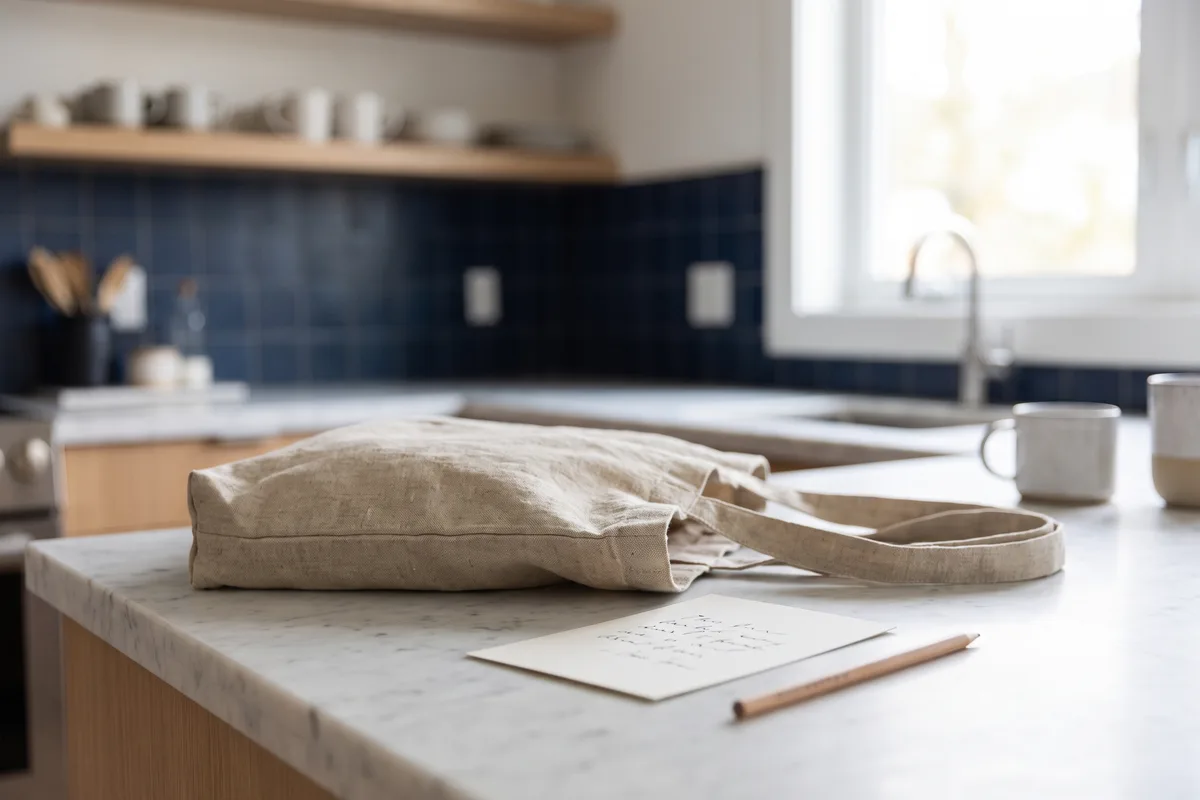 A tote bag and a handwritten shopping list on a kitchen worktop